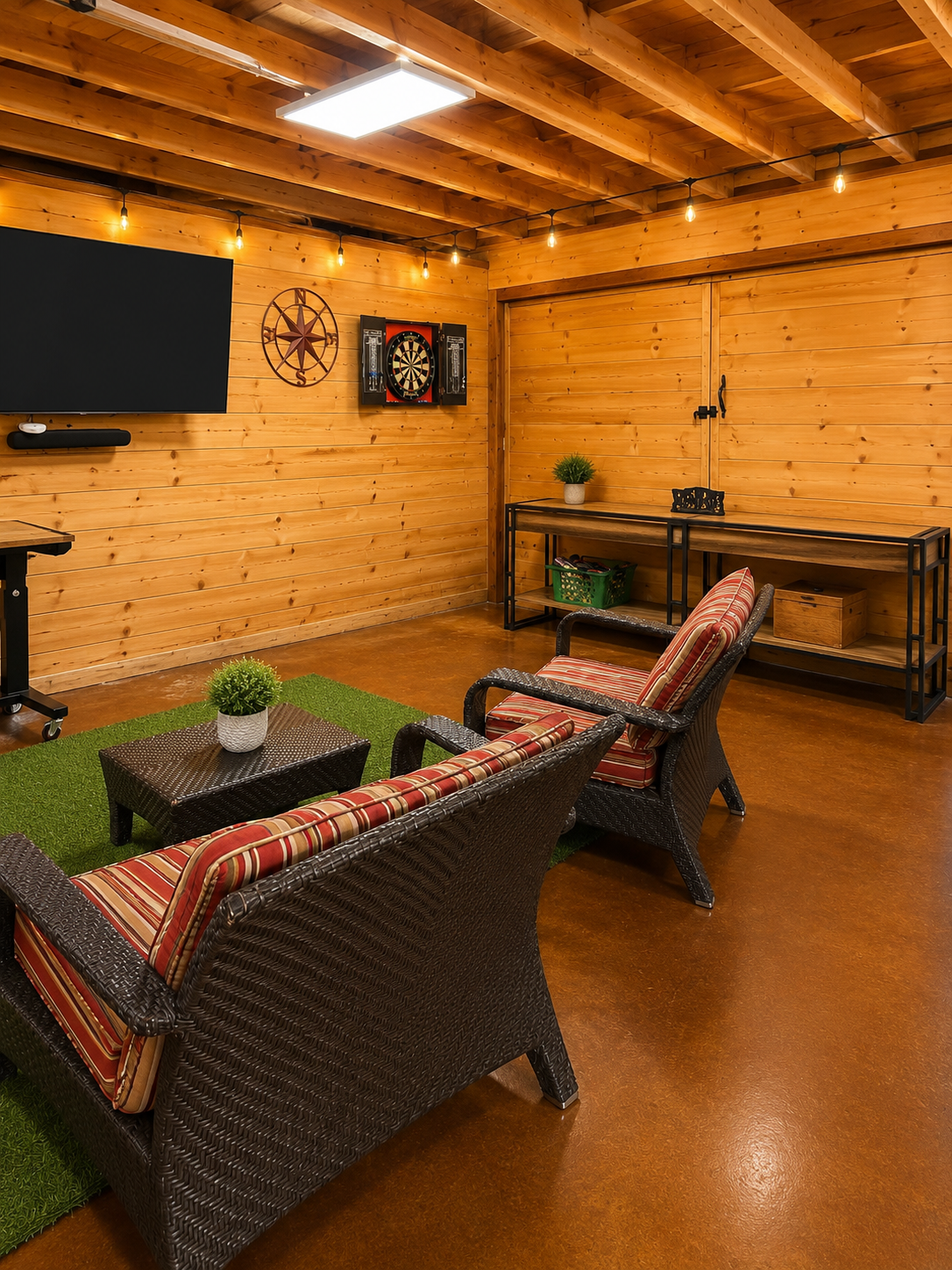 Game barn lounge with wicker seating and compass wall art