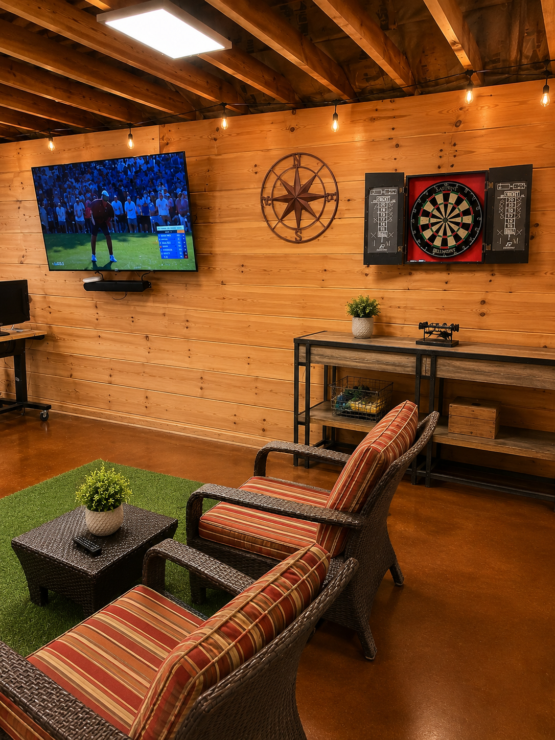 Game barn with mounted TV, dartboard and Edison string lights